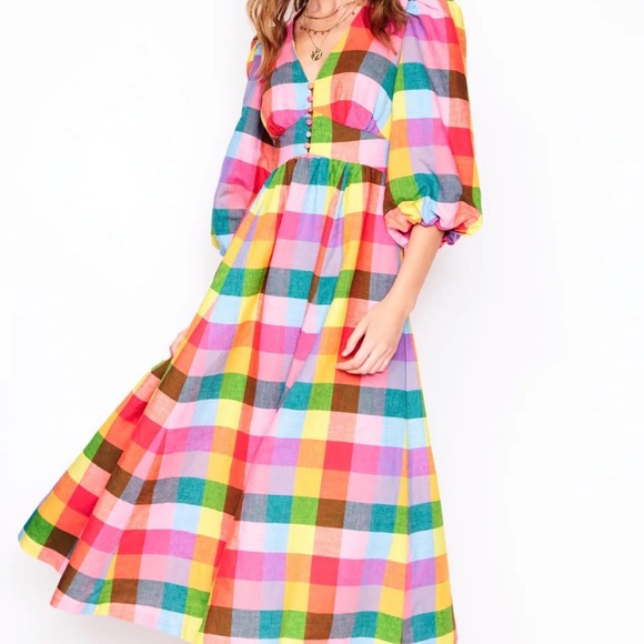 Boden Lola Blouson Rainbow Multi-Gingham Plaid Maxi Dress Women’s US size 4. - Picture 9 of 13
